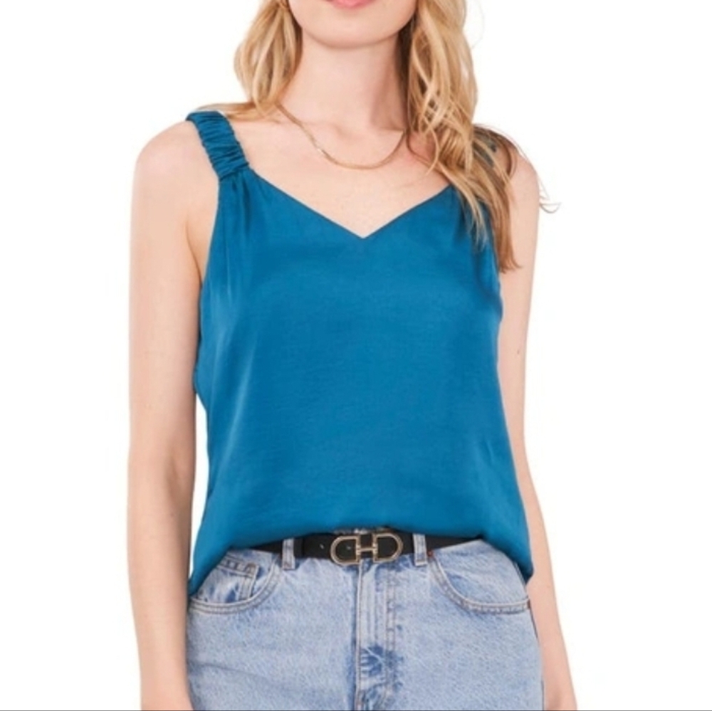 Vince Camuto Ruffle Strap Rumple Tank Top Teal Water Casual Blouse Size L